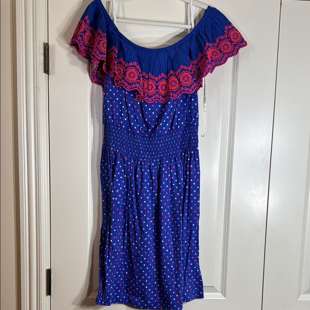 Blue Off-Shoulder Dress with Pink Embroidery